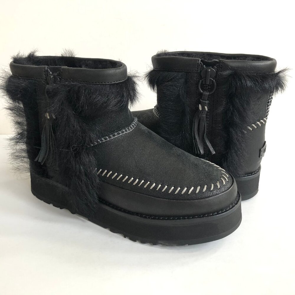 UGG CLASSIC MINI FLUFF PUNK BLACK SHEARLING STITCH BOOT